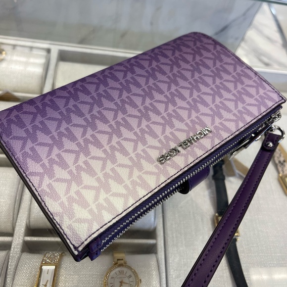 MICHAEL KORS JS Lg Ombré Signature Logo Double Zip Wristlet Wallet Dark Purple